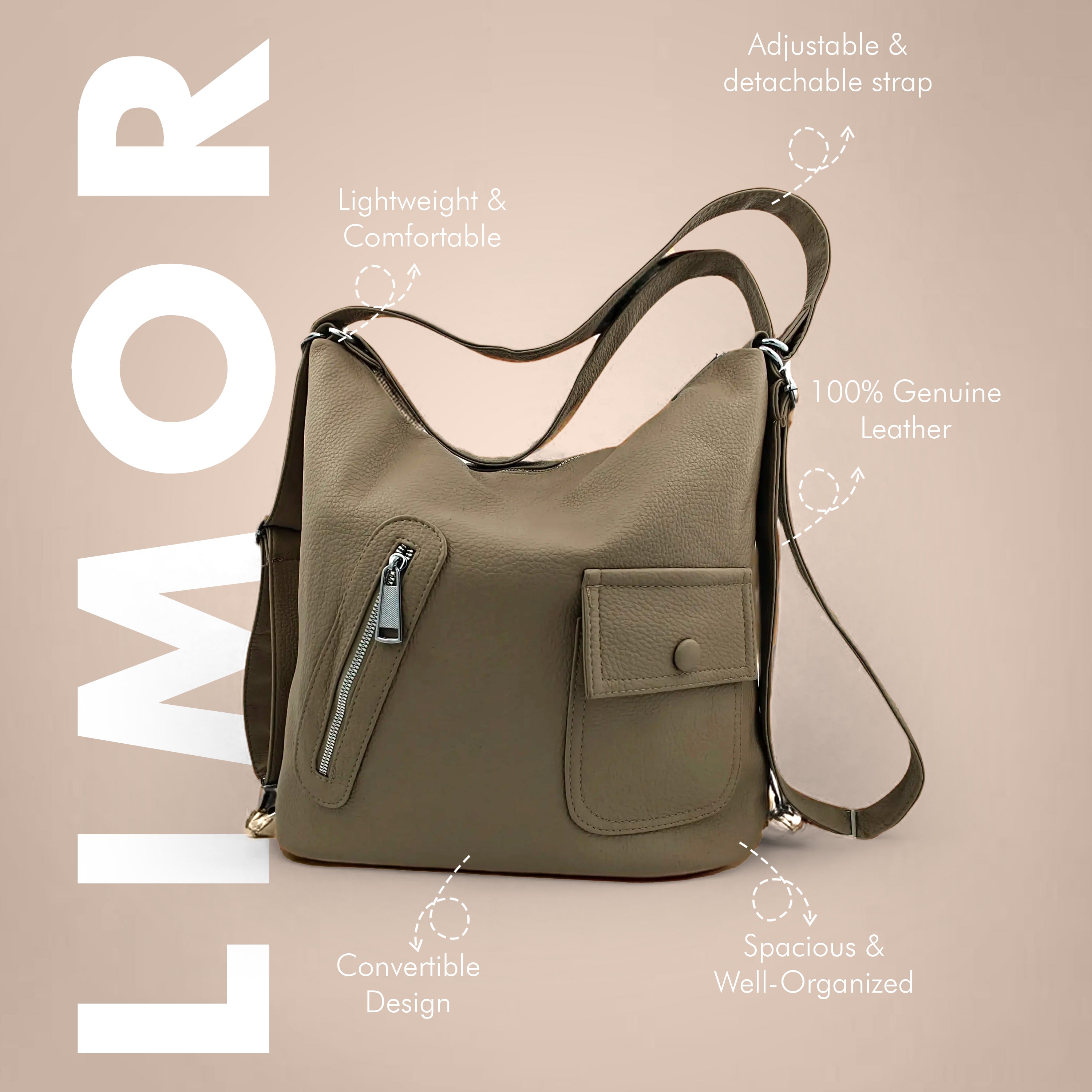 Limor Genuine Leather Luxury Women Tote Bags And Bagpack Front Pocket