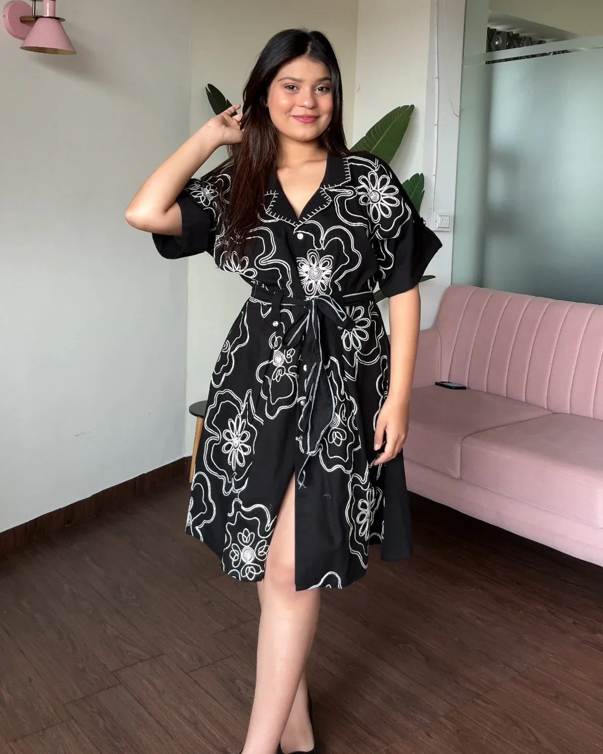 Embroidered Cotton Dress With Collar