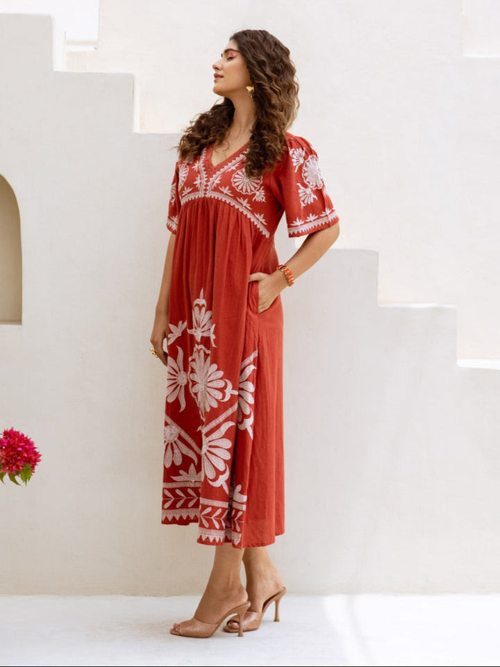 Viva Brick Embroidery Cotton Dress