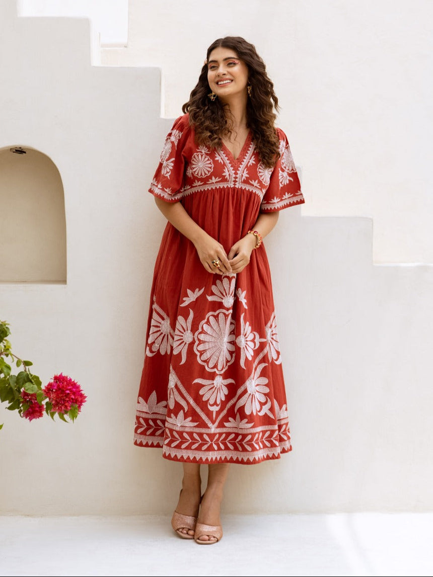 Viva Brick Embroidery Cotton Dress